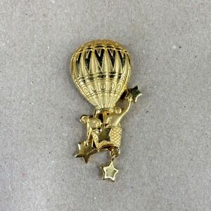Vintage JJ Jonette Jewelry Gold Tone Hot Air Balloon Stars People Pin Brooch